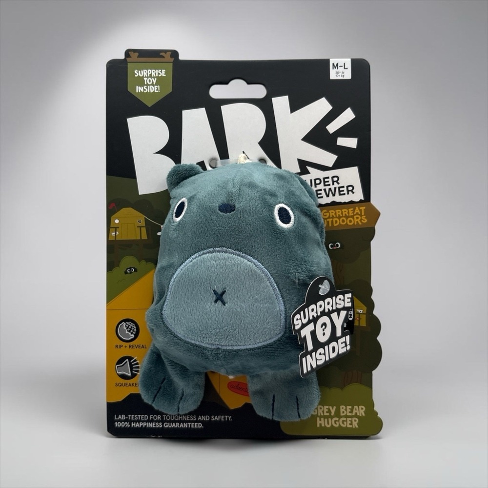 BarkBox Super Chewer Durable Grey Bear Hugger Rip-n-Reveal Dog Chew Toy 6x4"